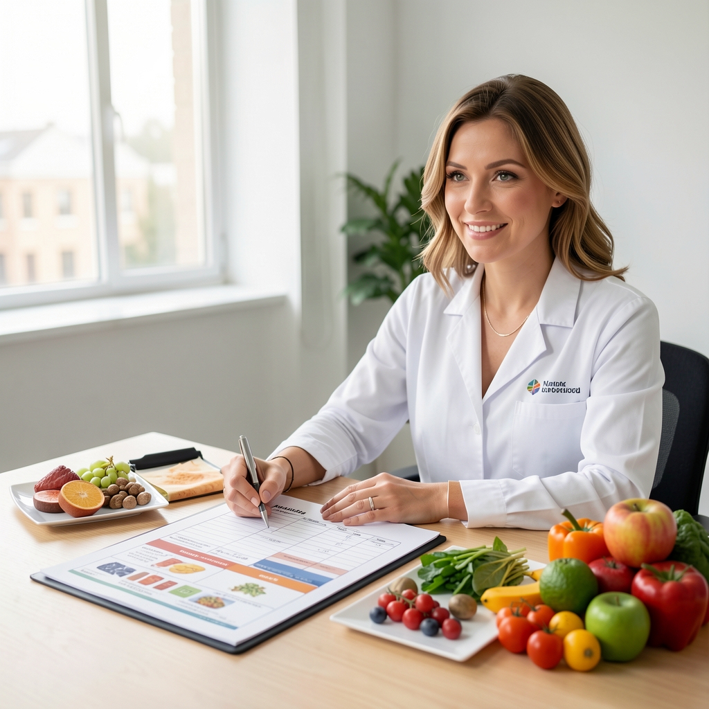 Nutrition specialist at a consultation table with a structured dietary intake form, whole foods reference chart, and seasonal produce samples in a bright studio environment