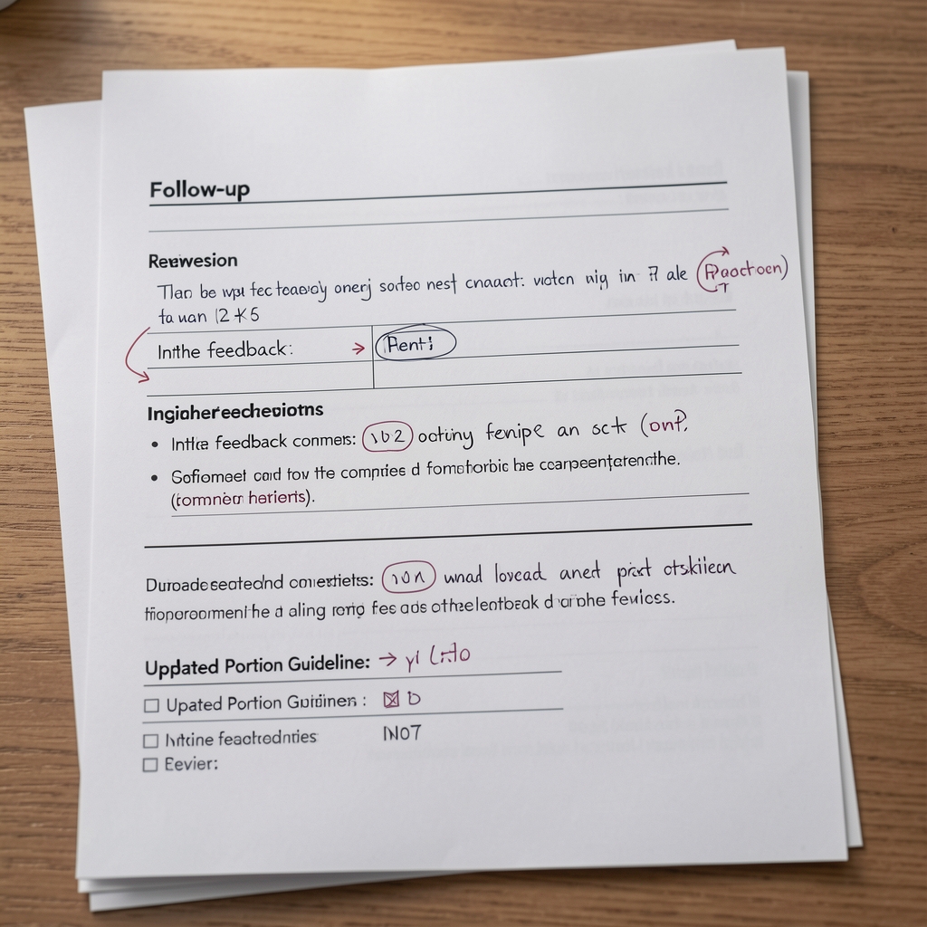 Follow-up session notes showing plan revision annotations, intake feedback comments, and updated portion guidelines on a structured review document