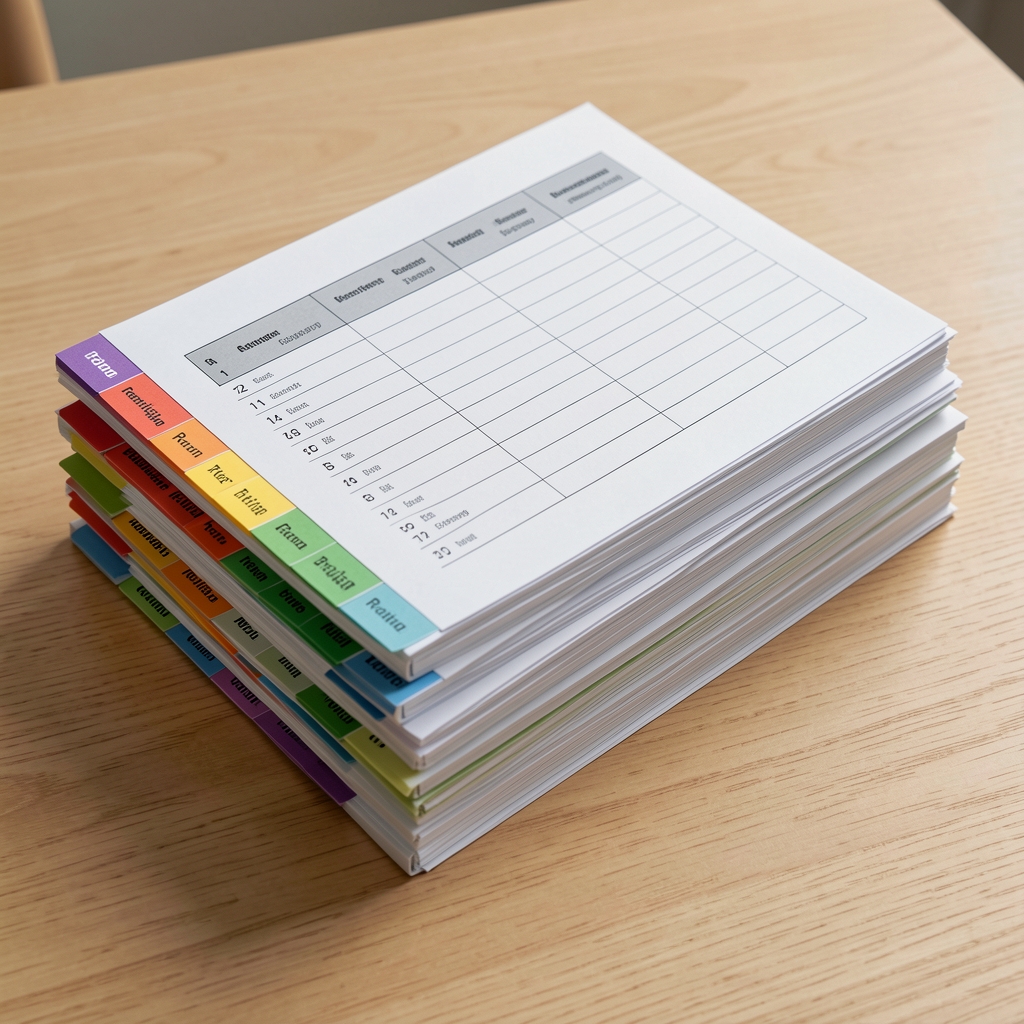 Stacked session archive folders with colour-coded revision tabs and a chronological index sheet visible on the top, arranged on a clean wooden surface