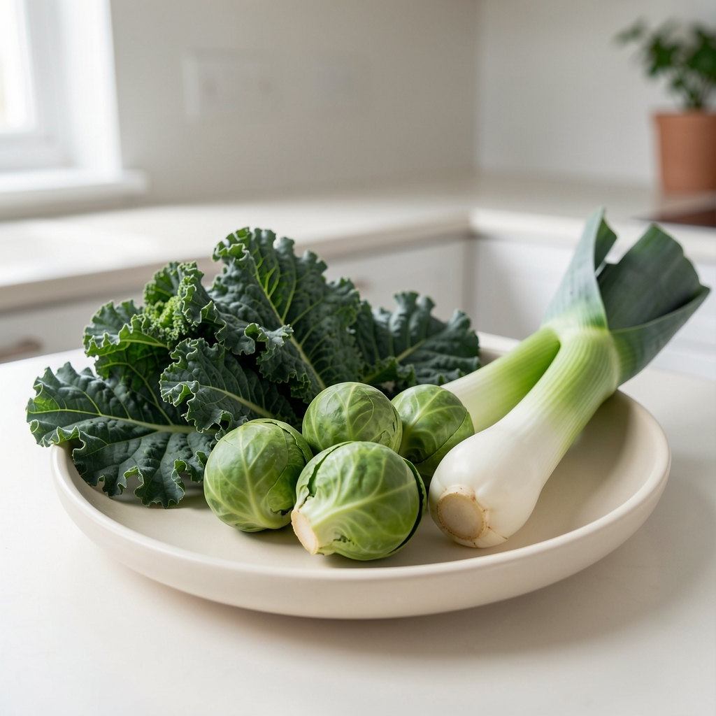 Winter brassica vegetables including kale, Brussels sprouts, and leeks on a clean cream ceramic plate in a minimal kitchen setting