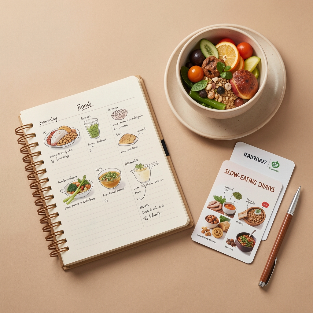 Mindful eating journaling spread with a food mood diary, slow-eating reference cards, and a simple single-plate composition photo on a warm neutral background