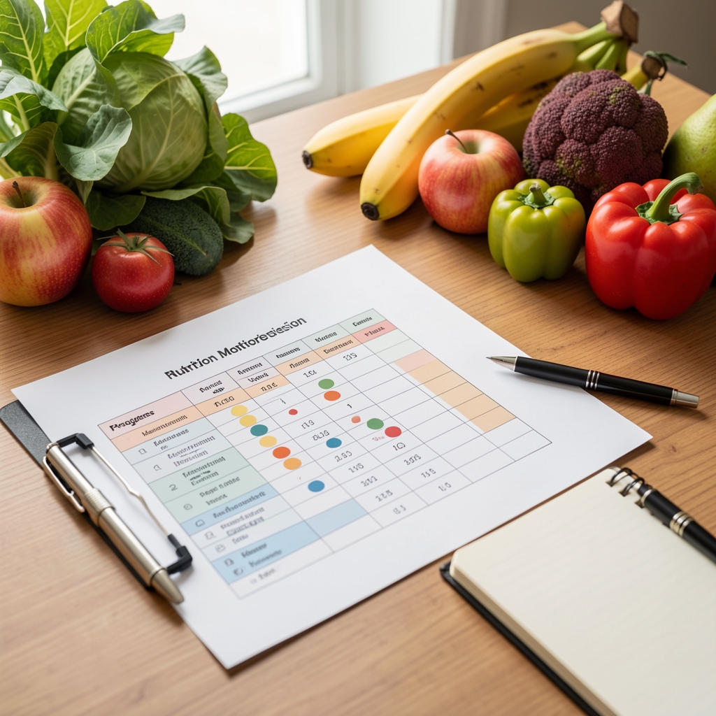 Nutrition monitoring session with a printed progress chart, updated macronutrient composition table, and seasonal produce alongside a consultation notebook on a desk